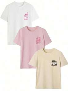 3 camisetas de manga corta con cuello redondo, holgadas, con diseño casual y lindo para mujer, ideales para uso diario y vacaciones. Conjunto de 3 piezas de verano para mujer, con estampado gráfico y camisetas de cuello redondo. Adecuado para el Día de San Valentín, la vuelta al cole, el Día del Maestro y otras festividades. Camisetas de manga corta casuales, suaves, holgadas y cómodas con estampado de letras. |   Diseño exquisito |   Suelto y cómodo |   Fácil de combinar | - Albaricoque - Ver 4