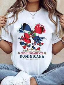 Conjuntos de San Valentín para Mujer 2026 República Dominicana Camiseta con Estampado de Mariposa y Bandera Dominicana 1224 Camiseta Casual de Cuello Redondo y Manga Corta, Cómoda para Primavera y Verano, Ropa de Mujer 2026 Vestido de San Valentín - Blanco - Ver 1