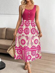 Vestido ajustado sin mangas con estampado de retazos de estilo vacacional para mujer - Rosa - Ver 5