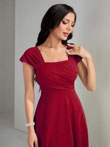 Vestido elegante de manga raglán y cuello cuadrado con detalle cruzado en el busto, de unicolor para mujeres - Rojo - Ver 4