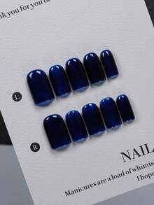 10pcs Short Square Handmade Press-On Nails, With Nail Art Tools, Solid Deep Sapphire Blue High Gloss Fake Nails, Brighten Skin Tone, Transparent Nail Tips, Suitable For Office Commute, Mature Style, Party Looks And Holiday Gifts - Multicolor - View 1