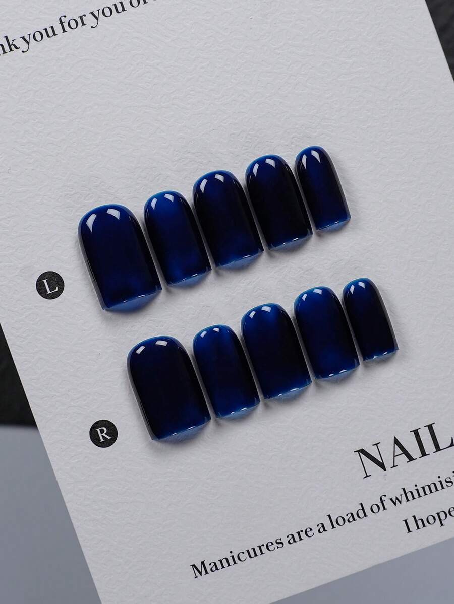 10pcs Short Square Handmade Press-On Nails, With Nail Art Tools, Solid Deep Sapphire Blue High Gloss Fake Nails, Brighten Skin Tone, Transparent Nail Tips, Suitable For Office Commute, Mature Style, Party Looks And Holiday Gifts - Multicolor - View 1