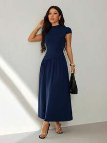 Vestido casual largo plisado de manga abullonada y cuello alto en unicolor para mujer, de verano - Azul marino - Ver 4