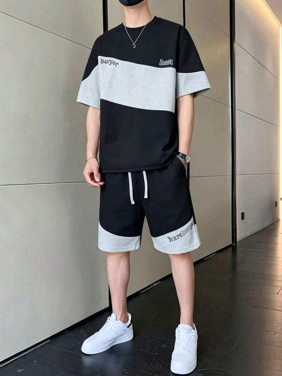 男士夏季字母印花圆领短袖休闲T恤和抽绳腰短裤套装 - 黑色 - 查看 1