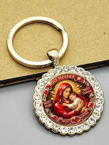 1pc Vintage Style Virgin Mary Pattern Round Keychain, Fashionable Bag And Car Key Decoration, Suitable For Men And Women, Christmas, Thanksgiving, Graduation, Birthday, Family And Friends Anniversary, Holiday Gift - Gold - View 3