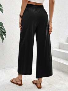Pantalones casuales de mujer con cintura con cordón a cuadros - Negro - Ver 2