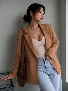 FASHION MO FEMININE- MK0254, Women's Blazer, Suit Jacket, Fitted, Elegant, Formal, Modern, Valentine's Day SHE(IN) - 米色 - 查看 3