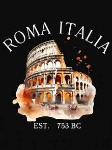 Camiseta con estampado de la Roma italiana, camiseta del Coliseo de Roma - Negro - Ver 3