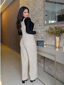Women's Long Jumpsuit, Casual And Elegant, With Pockets, Lightweight And Comfortable Fabric, Knitted Fabric, Contrasting Waistband - 米色 - 查看 2