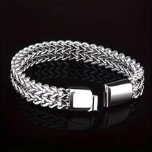 Men's Bracelet - Stainless Steel Magnetic Clasp Franco Chain - Silver - View 4