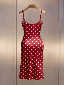 Vestido de slip sexy para mujer con cuello en V, adorno de volantes, botones decorativos y estampado en la cintura, ideal para uso diario, cóctel y fiesta - Rojo - Ver 2