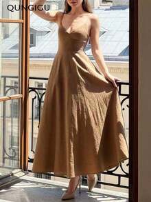 Vestido midi elegante de mujer con cuello en V, vestido de tirantes de mezcla de lino con corte evasé y espalda descubierta, adecuado para vacaciones, playa, boda, fiesta de cóctel - Marrón - Ver 3