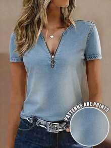 Selamara Camiseta de manga corta de efecto vaquero con cuello en V y diseño con cremallera, casual, para verano - Multicolor 3 - Ver 1