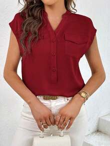 Camisa casual de mujer de unicolor con cuello en V, abotonadura sencilla y bolsillo - Burdeos 2 - Ver 5