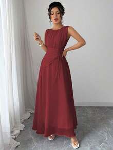 Vestido maxi casual, romántico, vintage y elegante de gasa para mujer con cordón en la cintura, para la playa, el té de la tarde, fiestas de noche, uso diario, sin mangas, de unicolor, vestido largo, primavera/verano - Burdeos - Ver 5