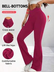 Pantalones acampanados con cintura cruzada para mujer, pantalones deportivos y de yoga de unicolor de poliéster de alta elasticidad, pantalones casuales largos con cintura cruzada, mallas ajustadas de unicolor para entrenamiento, pantalones de pierna ancha de tejido de punto adecuados para fitness y uso casual, negro, primavera - Rosa Fucsia - Ver 3