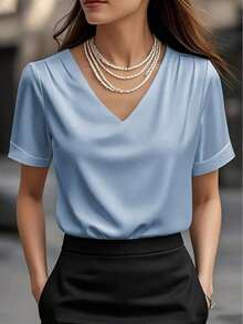 1 pieza Blusa de mujer de unicolor de satén con cuello en V y manga corta, elegante y de moda para uso diario, oficina, hogar, citas, primavera/verano, color negro casual - Celeste - Ver 6