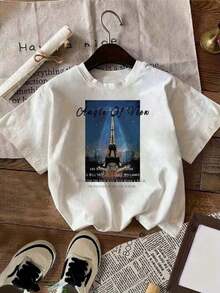Women's T-Shirt With Paris Eiffel Tower Night Sky Print - Casual Round Neck Short Sleeve Blouse, French Icon Top For Casual And Lifestyle Outfits, Machine Washable - 白色 - 查看 1