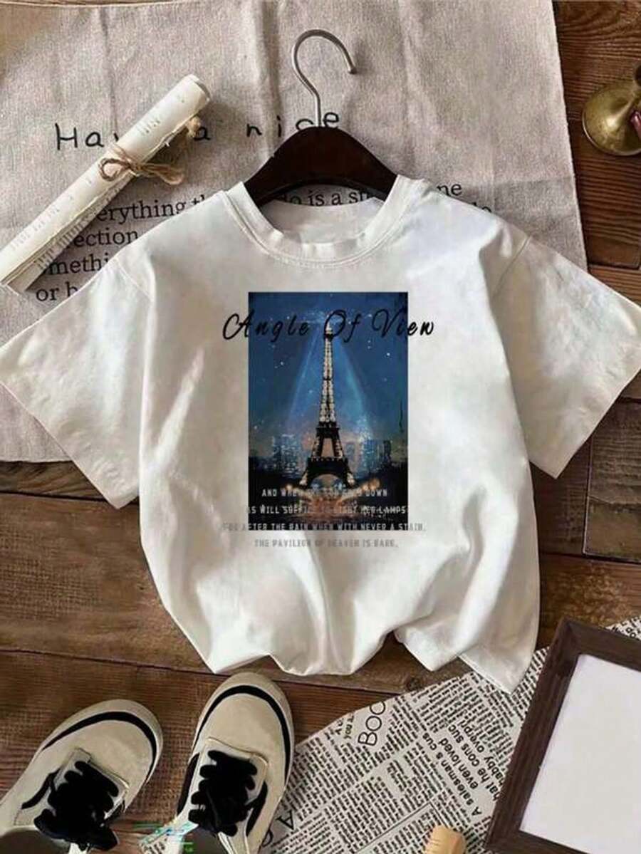 Women's T-Shirt With Paris Eiffel Tower Night Sky Print - Casual Round Neck Short Sleeve Blouse, French Icon Top For Casual And Lifestyle Outfits, Machine Washable - 白色 - 查看 1