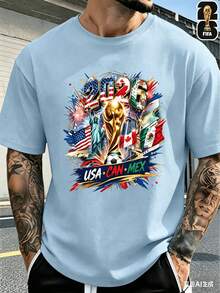 [FIFA World Cup Licensed]2026 USA-Canada-Mexico World Cup Football Pattern T-Shirt, 180g 100% Cotton, Round Neck, Comfortable Casual Sports T-Shirt Fo - 藍色 - 查看 1