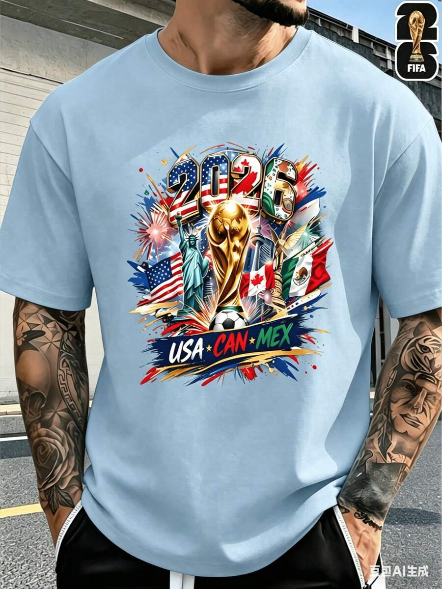 [FIFA World Cup Licensed]2026 USA-Canada-Mexico World Cup Football Pattern T-Shirt, 180g 100% Cotton, Round Neck, Comfortable Casual Sports T-Shirt Fo - 藍色 - 查看 1