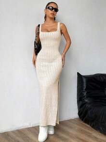 maxi informal sin mangas con abertura lateral, atuendo de mujer - Albaricoque - Ver 3