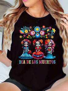 Camiseta de manga corta para mujer, cuello redondo, estampado de la Catrina del Día de los Muertos, camiseta gráfica DIA DE LOS MUERTOS, top casual de verano. - Negro - Ver 1