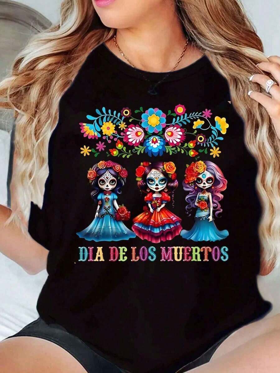 Camiseta de manga corta para mujer, cuello redondo, estampado de la Catrina del Día de los Muertos, camiseta gráfica DIA DE LOS MUERTOS, top casual de verano. - Negro - Ver 1