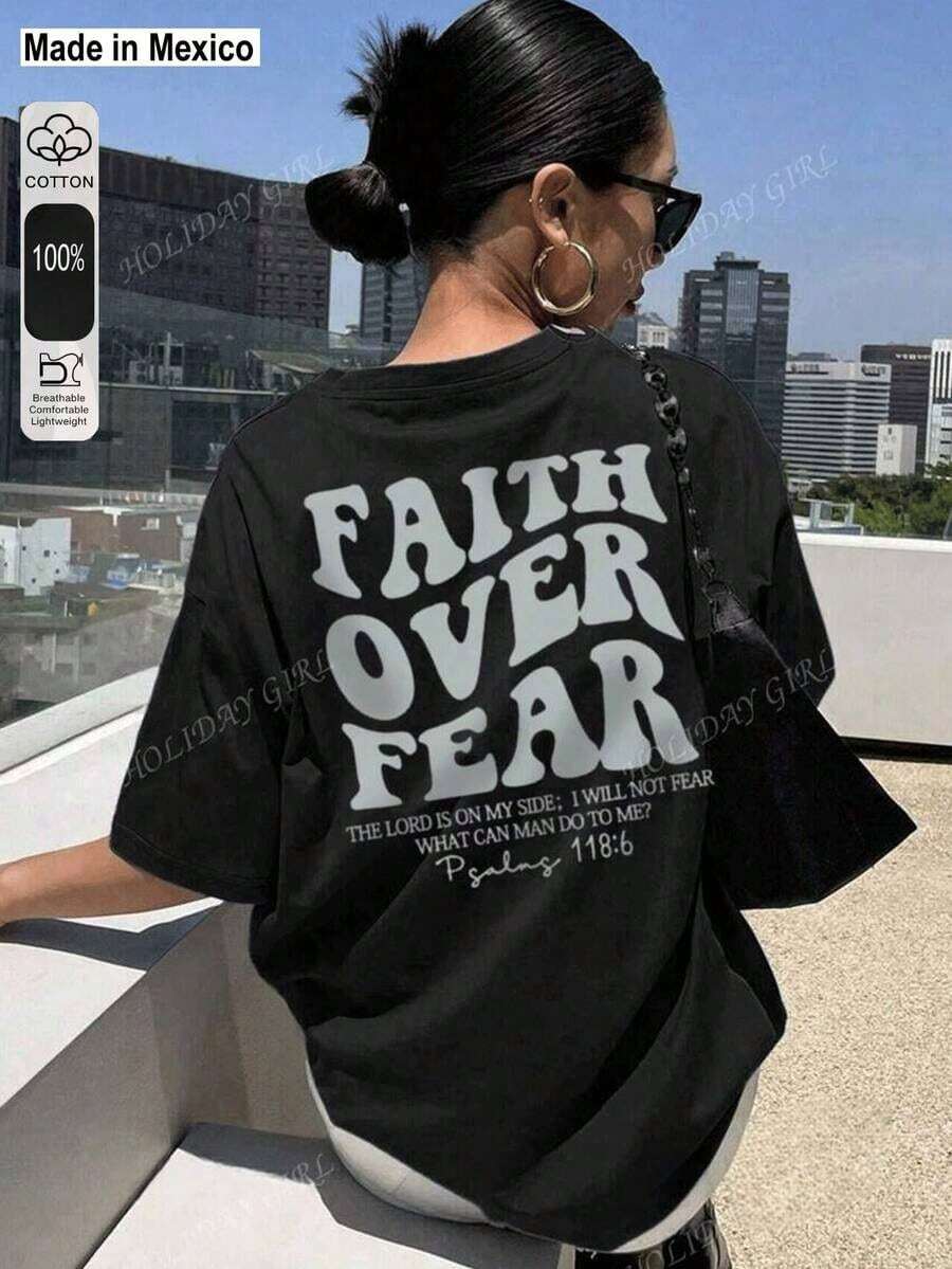 Casual Short-Sleeved T-Shirt With "Faith Over Fear" Text Print, New Spring/Summer Style For Women. Vacation Style, Everyday Basic. Women's Vacation Graphic Tees, White Top, Men's T-Shirt, Women's Sweatshirts, Y2k T-Shirt Shirt - 黑色 - 查看 1