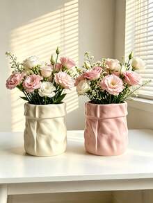 1pc Crumpled Paper Bag Shaped Vase , Cream Aesthetic Flower Pot For Home Desktop Decor, Ins Style Textured Planter For Living Room/Bedroom, Pink & Cream White - Multicolor - View 7