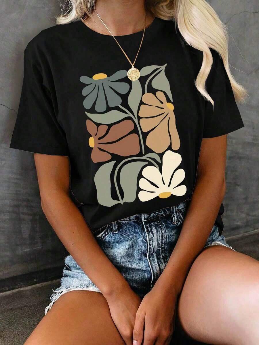Camiseta de Verano Fresca para Mujer, Top Casual para Mujer, Estampado Floral Multicolor Estilo Fresco, Top Holgado 100% Algodón, Camiseta de Manga Corta con Cuello Redondo y Estampado Floral, Atuendo Casual Versátil para Primavera y Verano, Ropa de Mezclilla. - Negro - Ver 1