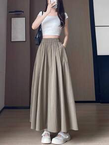 Women's Wide-Leg Pants, Skirt Pants, High-Waisted, Elastic Waist, Pleated, Loose Fit, Casual, Daily Wear, Spring, Summer, Autumn, Layering, Innerwear, Outerwear, Simple Design, Flattering, Figure-Shaping, Breathable, Quick-Drying, Comfortable, Fashionable, Perfect For Dates, Walks, Shopping, Commuting, Everyday Wear, Fashion, Women's Clothing. - 綠色 - 查看 2