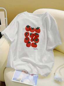 Camiseta de manga corta con estampado de frutas para mujer, moda primavera/verano, top holgado de cuello redondo estilo Y2K, versátil, apto para tallas grandes, top lindo, estilo retro Y2K, corte holgado.Suave y delicado con la piel, transpirable y cómodo. - Gris - Ver 10