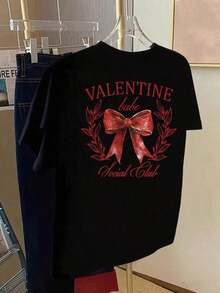 Plus Size T-Shirts For Women - Loose Off Shoulder T-Shirt, Casual Short Sleeve T-Shirts, Short Sleeve Printed T-Shirt With Designs On Front And Back - Valentine's Day, Heart Shaped Bow - Spring/Summer Printed T-Shirt For Women, Fashionable Item, Versatile And Casual, Breathable And Comfortable. - 黑色 - 查看 2