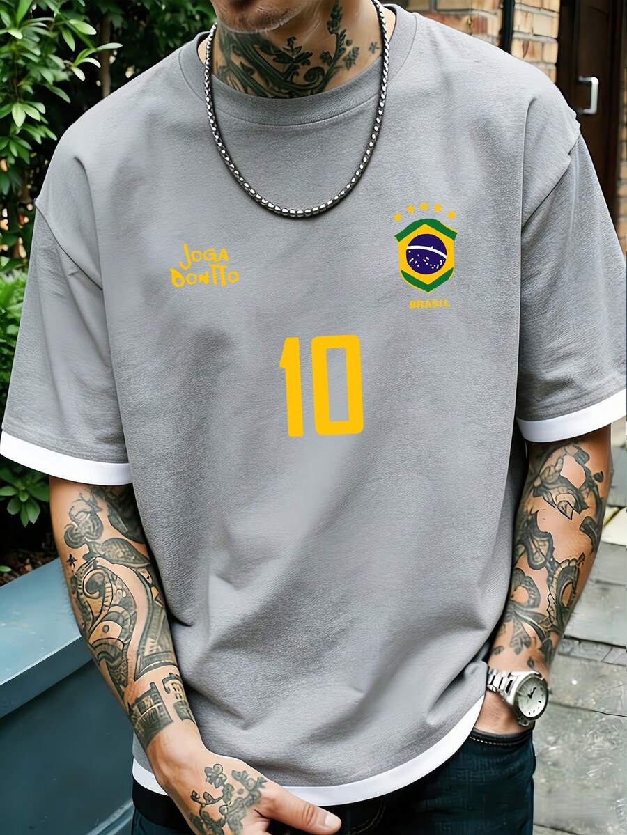 Áo thun nam in hình, áo đấu bóng đá Brazil cổ điển - Số 10 huyền thoại, trang phục thường ngày dành cho người hâm mộ bóng đá, áo bóng đá, chất liệu vải dệt kim thoáng khí, thiết kế cổ tròn dáng regular fit. - Xám - Xem 1