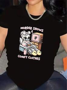 1 camiseta de manga corta para mujer, hecha de tela suave y resistente, presenta un estampado de drama de misterio, perfecta para uso casual en casa o al salir a comer. Es ligera y suave, ideal para el uso diario. 100% algodón. - Negro - Ver 7