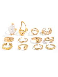 Bộ 12 chiếc nhẫn kim loại trơn không đối xứng, nhẫn đeo đốt ngón tay đính ngọc trai giả kiểu Baroque, thích hợp cho tiệc tùng, kỳ nghỉ, làm quà tặng và đeo hàng ngày. - Vàng - Xem 3