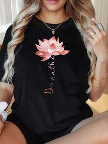 Camisetas de manga corta para mujer, camiseta de cuello redondo, 100% algodón, con estampado divertido de flor de loto negra, camiseta holgada informal para mujer, ropa de yoga, camiseta cómoda y suave de algodón para uso diario, adecuada para el Día de San Valentín, Navidad, fiestas, actividades deportivas, vacaciones, salidas, deportes y otros regalos navideños. - Negro - Ver 4