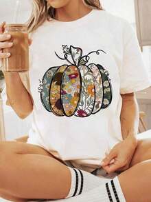 Women's 100% Cotton T-Shirt With Halloween Graphics, Pumpkin And Flower Design, For Autumn, Thanksgiving Season, Wildflower T-Shirt. Loose, Casual, And Versatile Y2K Style. - 白色 - 查看 1