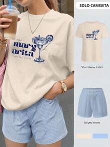 Elegant Blouses For Women, Blouses For Women, Women's T-Shirts. Women's Short-Sleeved T-Shirt With Summer Drink Letter Print. Pure Cotton Short-Sleeve Shirt - 白色的 - 查看 5