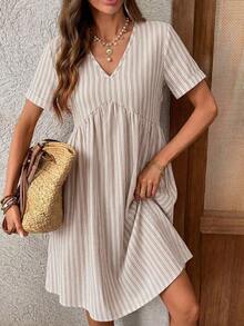 Vestido corto de manga corta minimalista de unicolor para mujer, uso casual de todos los días - Multicolor 3 - Ver 2
