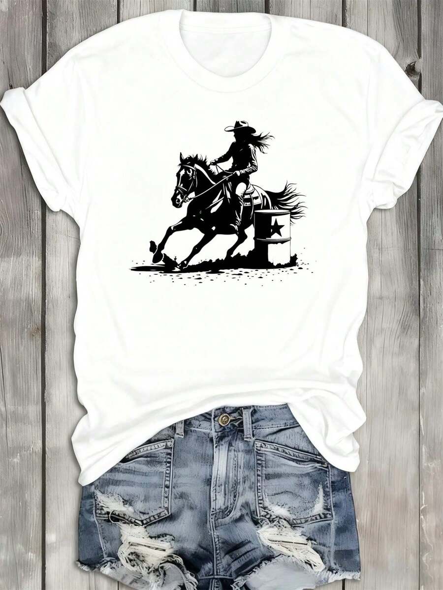 1 camiseta de carreras de mezclilla para mujer | Blanco, estilo casual de verano, corte regular, adecuado para todas las estaciones, regalo ideal, uso diario, perfecto para la oficina, citas y salidas, 100% algodón.ropa de calor mujer - Blanco - Ver 1