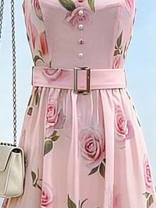 Vestido de verano para mujer, vestido con estampado floral de escote en V con tirantes finos, vestido rosa con hebilla cuadrada de metal dorado, vestido largo de escote en V con tirantes finos, vestido de estilo vacacional, vestido para ir y venir y casual, conjunto de vacaciones de verano, conjunto para el Día de San Valentín, vestido de fiesta, vestido de boda, vestido de graduación, conjunto de vacaciones de verano, conjunto para exteriores, vestido casual y elegante para ir y venir, uso diario casual y versátil y elegante - Rosa - Ver 4