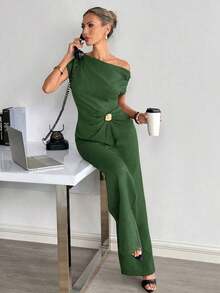 Conjunto informal de top con hombros fruncidos y decoración metálica, y pantalones de mujer de unicolor - Verde - Ver 4