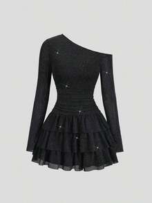 Vestido largo de manga larga con hombro asimétrico, volantes y tela con brillo, elegante y sexy para fiesta, otoño/invierno - Morado - Ver 8
