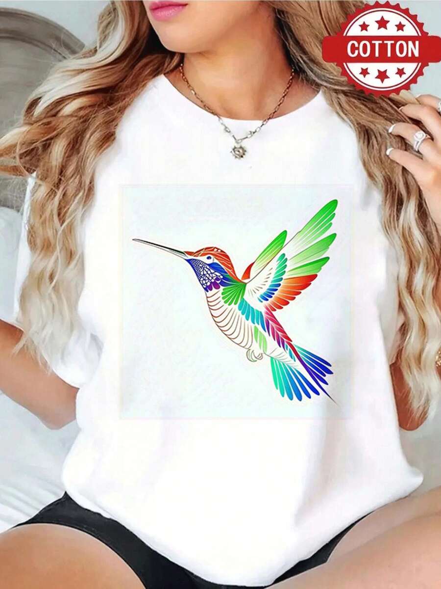 Camiseta de mujer moderna, informal, para fiestas y para estar en casa, 100% algodón, corte holgado. 1 blusa de mujer, blusas bonitas para mujer, ropa de mujer, camiseta de algodón blanco, estampado colorido de colibrí, estampado de algodón de alta calidad, cuello redondo, corte básico holgado, para hombre y mujer, transpirable, versátil, lavable a máquina, cómoda, talla S ~ 3XL, para uso diario, casual, deportivo, artículo esencial de verano, 100% algodón. - Blanco - Ver 1