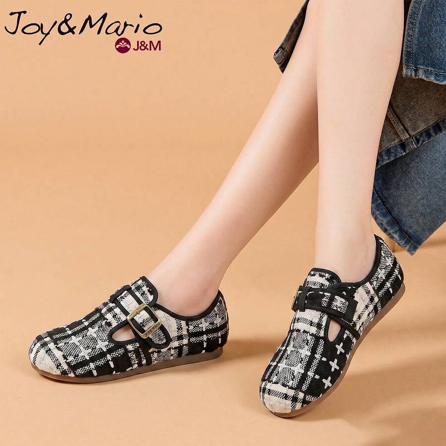 joy&mario 1 Đôi giày bệt Mary Jane màu đen trắng chất liệu vải tweed dành cho nữ, khóa điều chỉnh, giày casual nhẹ, chống trơn trượt, thích hợp cho mang hàng ngày và phong cách đường phố - J&M - màu đen - Xem 1