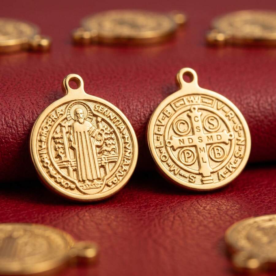 5pcs 304 Stainless Steel 18K Gold Plated St. Benedict Cross Round Pendant Religious Style DIY Jewelry Accessories - Pendants - View 1