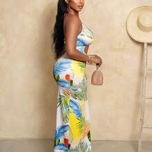 Women's Tropical Plant Print Hollow-Out Sexy Tie Neck Dress, Vacation Wear - Multicolor - Ver 5