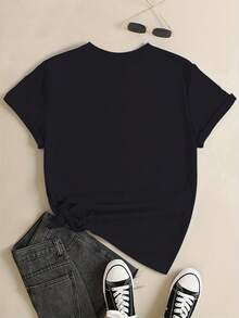 ClassicAngel Dreamy Space Style Angel Wing Print Short Sleeve T-Shirt For Women, Spring/Summer Crew Neck Regular Length, Suitable For Autumn/Winter Essential Layering, Best-Selling Item. - Black - View 4